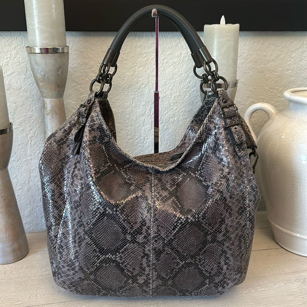 Coach Madison Python Tote Grey Black Snake print embossed